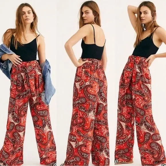 Free People Wide Leg High Waist Boho Tie Waist Paisley Pants Size Small - Picture 2 of 13